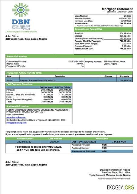 Modèle Word et PDF de relevé hypothécaire de la Banque de développement du Nigéria du Nigéria
